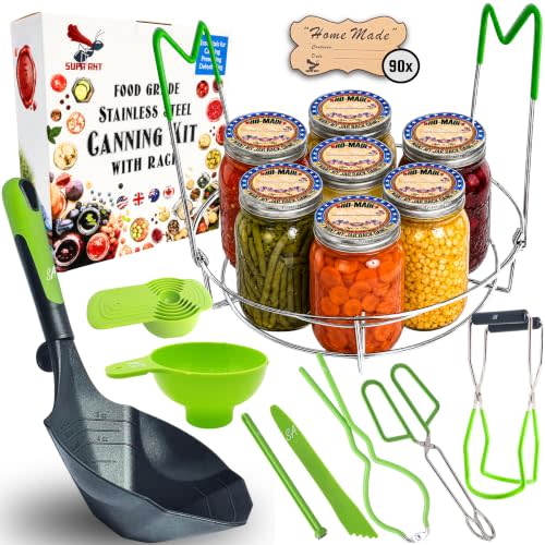 Supa Ant Complete Canning Starter Kit – 10pc Food-Grade Steel Set with XL Ladle, 6 Measuring Cups, Jar Lifter, Wide Mouth Funnel, Canning Rack (7-Jar Capacity) & 90 Labels –Beginner-Friendly, Green