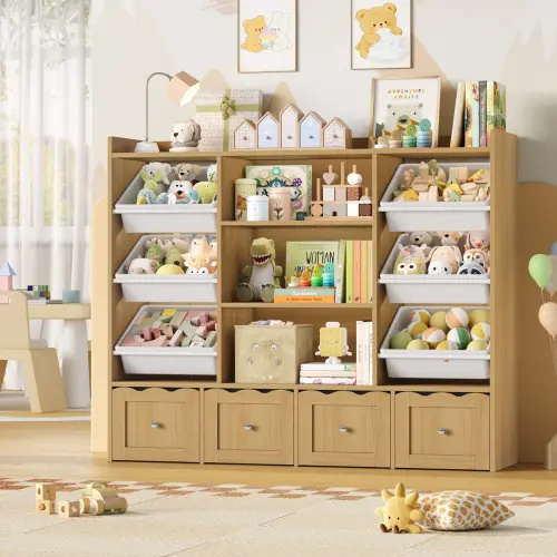 55"W x 48"H Multi-Functional Kids Organizer: 4-Drawer Toy Storage & Bookshelf with 6 Removable Bins