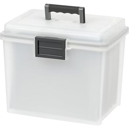 IRIS USA File Box WeatherPro Portable File Organizer Plastic File Box for Letter File w/ Organizer-Lid, Durable Lid and Seal w/ Secure Latching Buckles, Stackable and Nestable, Pearl 19 Qt. 1 Pack