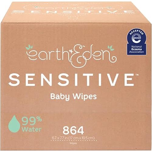 Earth & Eden Sensitive Baby Wipes (864 Count, 12 Packs of 72 Wipes) - Eco-Conscious & Hypoallergenic - No Harsh Chemicals - Gentle on Skin - Dermatologically Approved - 6.7 x 7.7 Inch