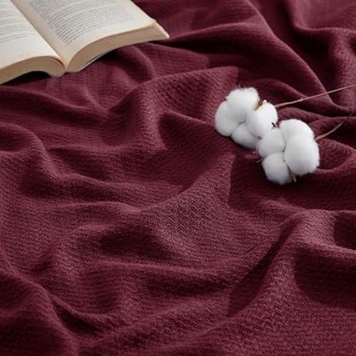 Bedsure 100% Cotton Blanket, Herringbone Weave, Throw XL, Red