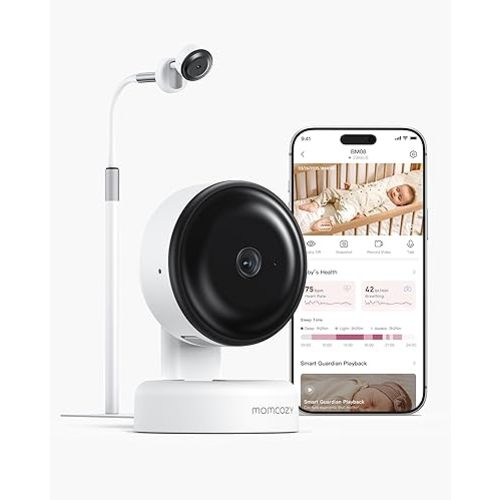 Momcozy BM08 Baby Monitor, Contact-Free Vitals Monitoring, 2K HD Night Vision, Smart AI-Powered Safety Detection, Cry/Sound/Motion Notifications, Sleep Report, 2.4/5GHz Wi-Fi Connection, 2-Way Audio