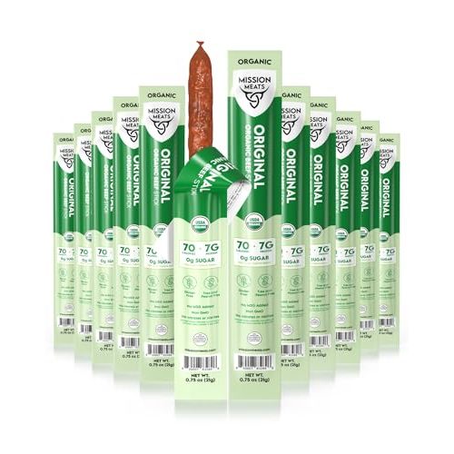 Mission Meats Organic Beef Sticks, Non-GMO, Grass Fed, Healthy 0.75oz, 12ct | Certified USDA Organic Meat Sticks, Clean Ingredients, Pasture Raised, Jerky, Individually Wrapped for Lunches, Gym & Travel