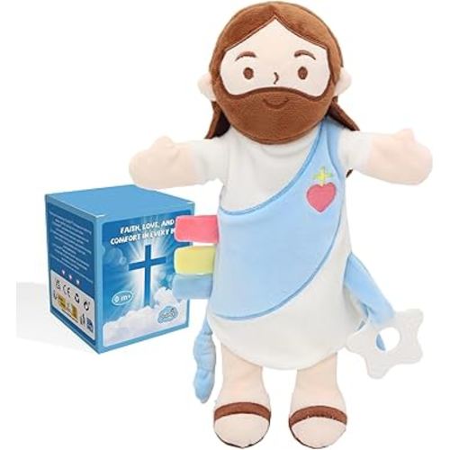Baby Lovey with Teether, Jesus Security Blanket with Crinkle Tags, Soft Minky Velour Newborn Girl Boy Gift with Bell for Baby Shower, Baptism or Birthday Essentials