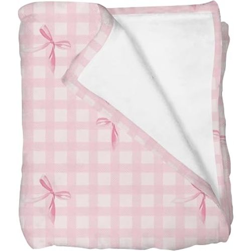 Watercolor Pink Bows Checkered Baby Blankets for Girls Pastel Pink Bows Ribbon Plaid Toddler Newborn Daycare Nursery Crib Receiving Swaddle Blanket Girly Valentine Bed Blanket 60x80inch