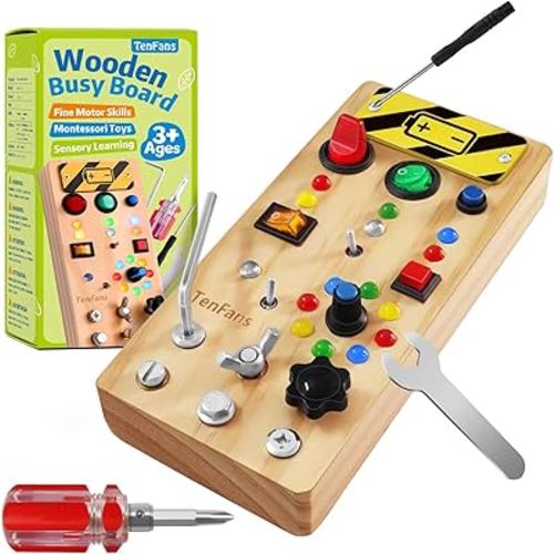TenFans Wooden Montessori Busy Board with LED Light Switch and Screwdriver Tools - Sensory Toy for Toddlers 3+ Year Old Boys - Travel Activity and Educational Learning Toy Improves Fine Motor Skills