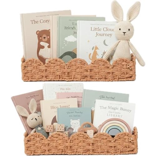 Scalloped Rattan Wall Shelf – Floating Bookshelf for Nursery, Bedroom or Living Room – Decorative Boho Scalloped Shelves, Rattan Wall Shelf for Storage, Nursery Book Shelf & Display