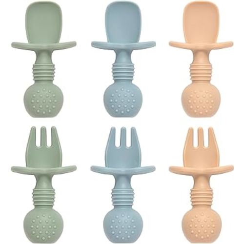 Eascrozn Baby Spoons and Forks Feeding Set, 6 Pack Silicone First Stage Self Feeding Toddler Utensils, BPA Free, Baby Led Weaning Supplies for Training Spoons