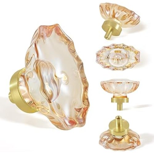 4 Pack Glass Cabinet Knobs and Pulls,Oval Champagne Crystal Knobs for Dresser Drawer with Satin Brass/Brushed Gold Base