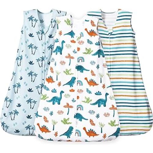 david's kids 3 Pack 100% Cotton Baby Sleep Sack 0-6 Months, Ultra Soft Baby Wearable Blankets with 2-Way Zipper, Comfy Sleeping Bags for Infant Newborn Boys Girls Neutral, Small Size, Dinosaur