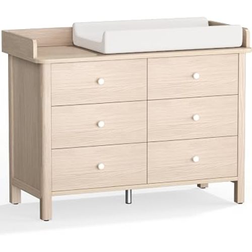 MAMAZING Keeva 6-Drawer Dresser with Changing Pad, Safety Anti-Tip Structure & Adjustable Feet, Wood Dressers with Wipeable Surface, Washed Natural Dresser for Bedroom, Kids & Nursery Storage Chest