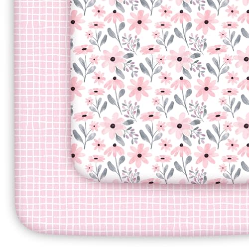Yoofoss Pack and Play Sheets Girl 2 Pack, 38x26 Mini Crib Sheets Fitted for Baby Compatible with Graco Pack n Play Mattress,Ultra Soft Breathable Microfiber Pink Floral