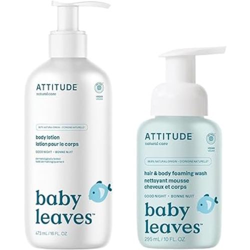 Bundle of ATTITUDE 2-in-1 Hair and Body Foaming Wash for Baby and Baby Body Lotion, EWG Verified, Dermatologically Tested, Made with Naturally Derived Ingredients, Vegan, Good Night