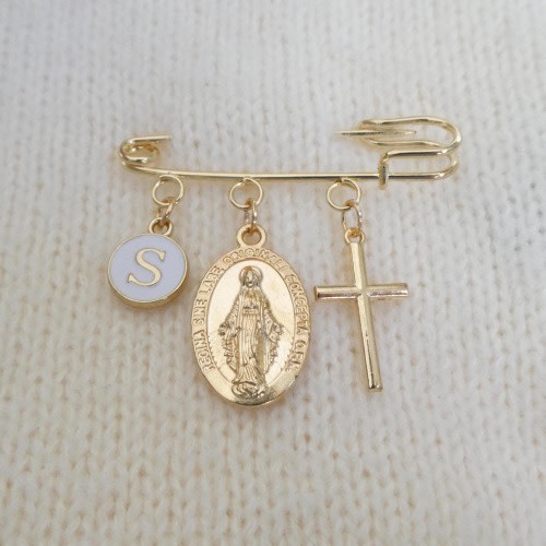 Custom Catholic Baby Baptism Gift, Christening Jewelry, Virgin Mary Charm, Newborn Protection Brooch