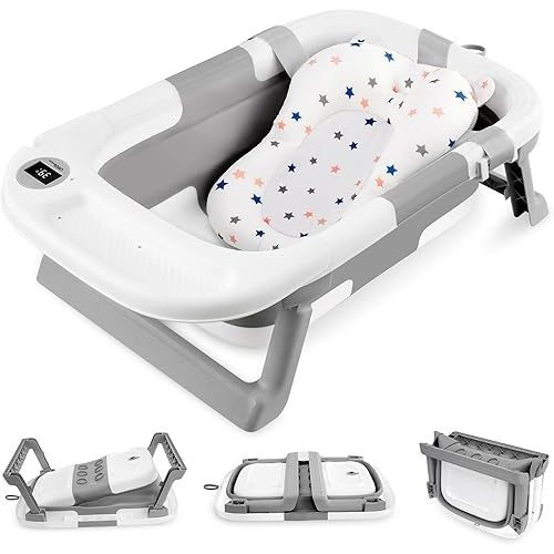 LIVINGbasics Foldable Baby Bath Tub for Infants to Toddler, Anti-Slip Portable Travel Shower Basin with Soft Support Cushion and Temperature Sensor
