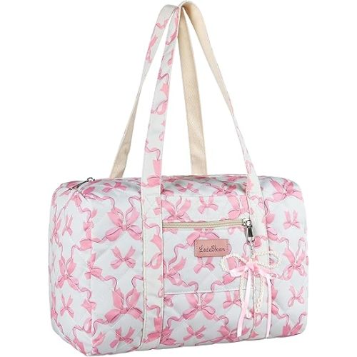 Coquette Bag with Bow Keychain White Pink Floral Travel Duffel Bag for Women Cute Quilted Puffer Bags Shoulder Purse Carry on Bags for Travel Family Trip Christmas Gifts (Pink Bow)