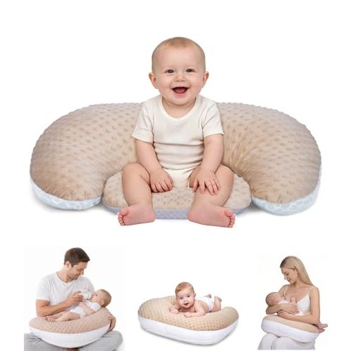 Multifunctional Nursing Pillow, Wider Breastfeeding Pillow with Minky Dot & Breathable Mesh, Anti-Slip Base for Tummy Time & Baby Sitting Support, Removable Soft Cover, Large Opening for Most Body