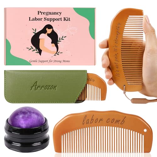 Arrozon 2 Pcs Labor Comb & Purple Massage Roller Ball Kit, Birthing Comb Labor and Delivery Essentials, Wooden Combs Hospital Bag Essentials New Mom Gift