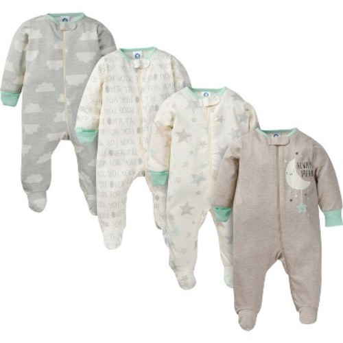 Gerber Baby Gender Neutral Sleep 'N Play's with Mitten Cuffs, 4-Pack, Clouds, Newborn