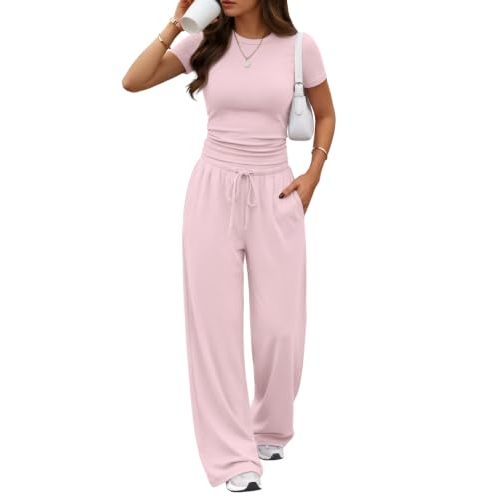 Trendy Queen Women's 2 Piece Matching Summer Lounge Set with Pockets | Vacation Airport Travel Outfits, Workout Gym Clothing Comfy Athleisure Clothes, Side-ruched Top, Drawstring Wide Leg Pants