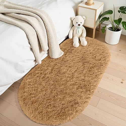 OLANLY Fluffy Soft Area Rugs for Bedroom, 2.6x5.3 Feet Machine Washable Oval Rug, Non-Slip Beside Carpet for Kids Room, Playroom, Nursery, Dorms, Home Decors, Khaki