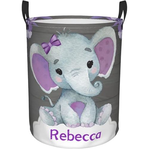 Purple Elephant Flower Customized Laundry Basket Clothes Hamper with Name Collapsible Waterproof Large Capacity Organizer Storage for Living Room.