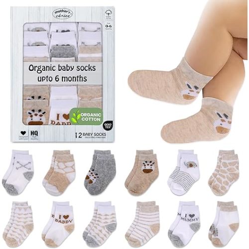 Mother's Choice Organic Cotton Baby Socks, 12 Pairs, Unisex 0-6 Months - Soft, Hypoallergenic Newborn & Infant Socks - Baby Girl & Boy Gifts