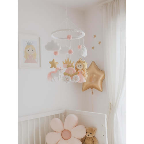 Princess Mobile - Crown mobile - Princess Baby Crib Mobile - Girl Nursery - Baby Girl Felt Mobile - Pink Gold Mobile - Princess Room Decor