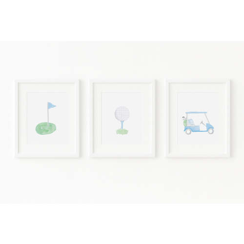Light Blue Golf Cart, Flag, Tee and Golf Ball Watercolor Art Print for Nurseries and Kids – Kristen Nicholls Art