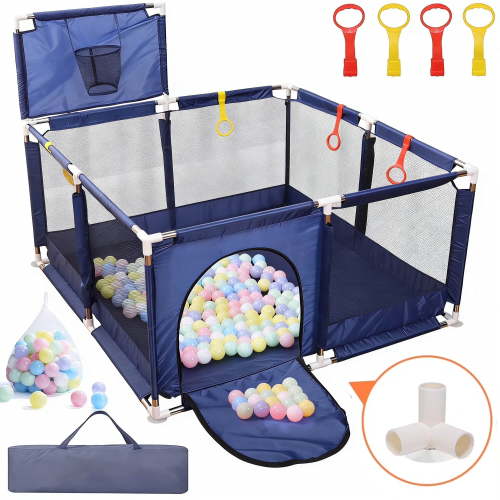 JoyStone 50 x 50 Baby Playpen with 30 Ocean Balls, Soft Mesh Sides, Basketball Hoop & Pull Rings, Indoor Baby Fence for Toddlers, Blue
