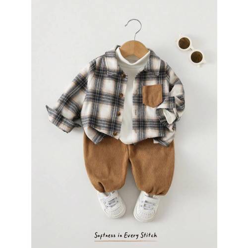 Cozy Pixies 2pcs Baby Boy Colorful Plaid Collar Contrast Pocket Long Sleeve Cardigan & Solid Elastic Waist Ankle Pants Set | SHEIN USA
