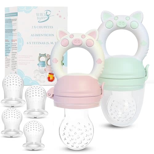 Bluet B- Baby Fruit Feeder Pacifier - BPA-Free Silicone Baby Food Feeder for Self-Feeding - Teething Relief - 4+ Months, 6 Silicone Nipples - 2 Pack Fresh Fruit Pacifier Frozen Teether - Pink & Green
