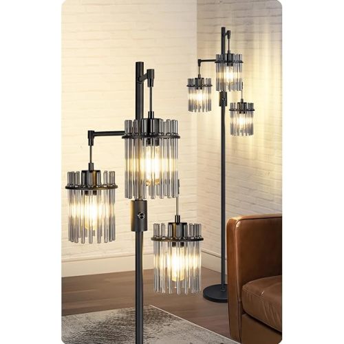 Dimmable Black Crystal Standing Farmhouse Tree Floor Lamp for Living Room
