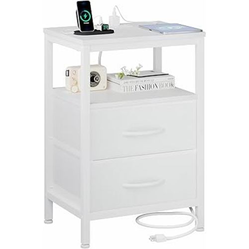 DUMOS Nightstand with Charging Station, Bedside Table with USB Ports, AC Outlets & Fabric Drawers, Modern End Table with Open Storage Shlef for Bedroom, Living Room, Apartment, White