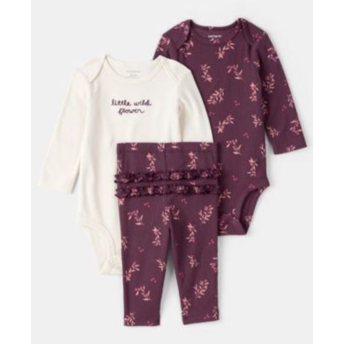 Baby Girls' Floral Bodysuit, Long-Sleeve Bodysuit and Pants, 3-Piece Set