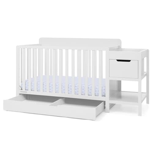 Delta Children Maya 5-in-1 Convertible Crib and Changer with Storage, Converts to Toddler Bed, Daybed, Sofa & Full Bed, Greenguard Gold Certified, 3 Mattress Heights for Baby, Bianca White