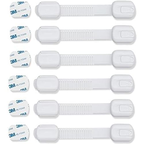 CUTESAFETY - Child Safety Cabinet Locks (6 Pack) – Adjustable Baby Proofing Strap Latches with Strong 3M Adhesive – No Drill Childproof Locks for Drawers, Cabinets, Fridge, Door, Closet, White