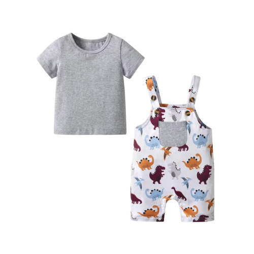 Baby Boy Clothes Solid Short Sleeve Tops + Animal Style Overalls Shorts Summer Outfits Gray 6-9 Months