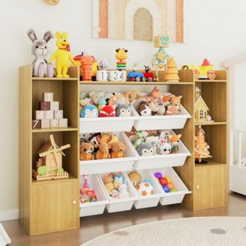 Coucheta 54.7" Kids Toy Storage Organizer with 8 Removable Bins, Storage Cubbies & Bookshelf for Bedroom, Playroom, Classroom, Nursery, Natural