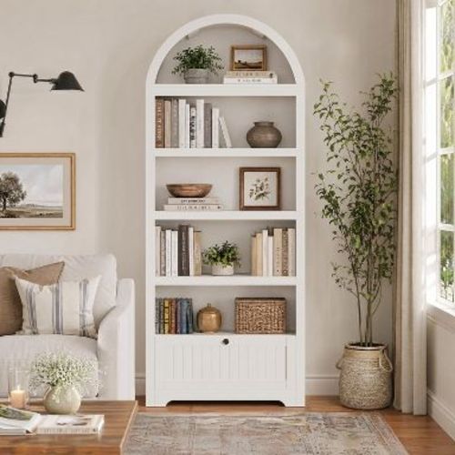 COZONY Arched Bookcase with Drawer, 72 Inch Tall Bookshelf with Storage Shelves, Display Bookshelf for Living Room Home Office