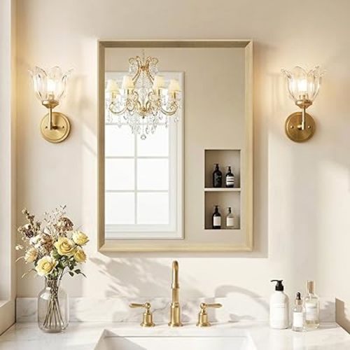 Oak Wood Effect Framed Wall Mirror, 22x30 Rectangle Mirror, Anti-desilvering Tempered Glass, Sustainable& Sturdy Frame, Farmhouse Mirror, Anti-Rust, 3min Fast Setup for Bathroom Living Room