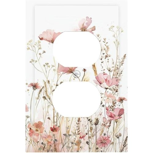 Boho Floral Watercolor Pink Wildflower Butterfly Outlet Covers 1 Gang Duplex Light Switch Cover Decorative Switch Plates Electrical Receptacle Faceplate Wall Plate for Bedroom Living Room Decor