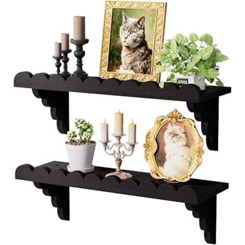 QsQueen Scalloped Wood Wall Shelf – 17 Inch Floating Shelf with Wood Brackets, Easy to Install Rustic Wall Shelf for Living Room, Bedroom, Bathroom, or Any Space, Black Shelves