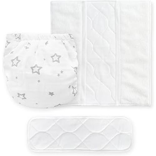Amazing Baby Hybrid Cloth Diaper Cover with Pocket-Sling, Med, Sz 3 (12-25 lbs), Use with Boosties Inserts, Gray Stargazer, SmartNappy Set includes Muslin Cover + Tri-fold Insert + Booster Pad