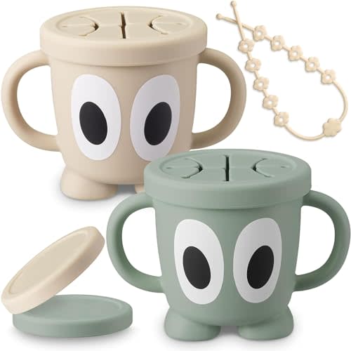 Jkevow Silicone Snack Cups Food Container for Toddlers and Babies, Spill Proof Training Cup with Snack Cup Lid & Dust Proof Lid, Comes with a toy strap, Without BPA, Lead, or Phthalates（Sage & Beige）