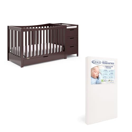 Graco Remi 4-in-1 Convertible Crib & Changer, Espresso | GREENGUARD Gold Certified, Includes Graco Crib Mattress, Converts to Toddler Bed and Full Bed, 4 Adjustable Mattress Heights