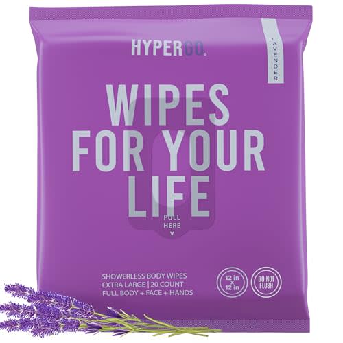 HyperGo XL Body Wipes for Women & Men – 12" x12" Rinse-Free Full Body Cleansing Wipes 20 Count Pack - Lavender | Biodegradable, Hypoallergenic, Aloe-Infused | Gym, Festival, Camping Essentials