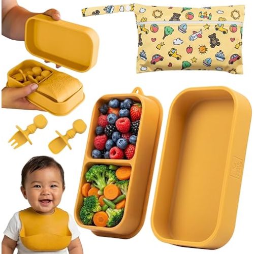 Baby Travel Feeding Set with Silicone Suction Plates, Yellow Small