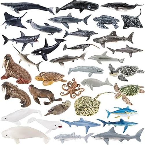 36PCS Sea Animal Toys with Shark, Whale, Octopus & Other Ocean Animal FigurinesToys for Kids, Water Table Ocean Theme Cake Toppers Party Favors Birthday Gift for Boys Girls