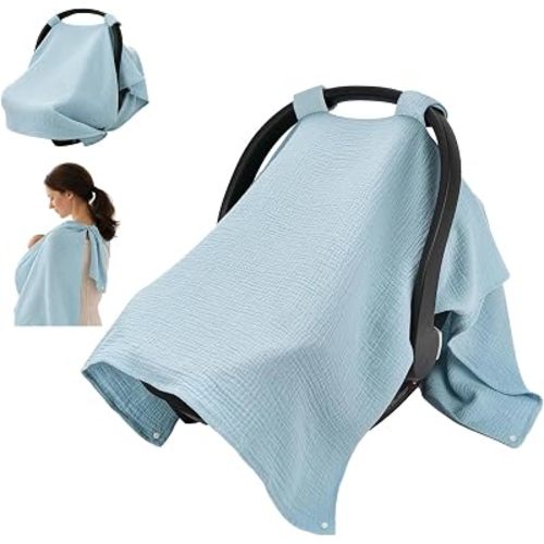 SERAPHY 100% Muslin Cotton Car Seat Cover Baby, Universal Carseat Covers, Breathable Baby Car Seat Canopy for Boys Girls, Soft Infant Car Seat Cover for Summer —Blue